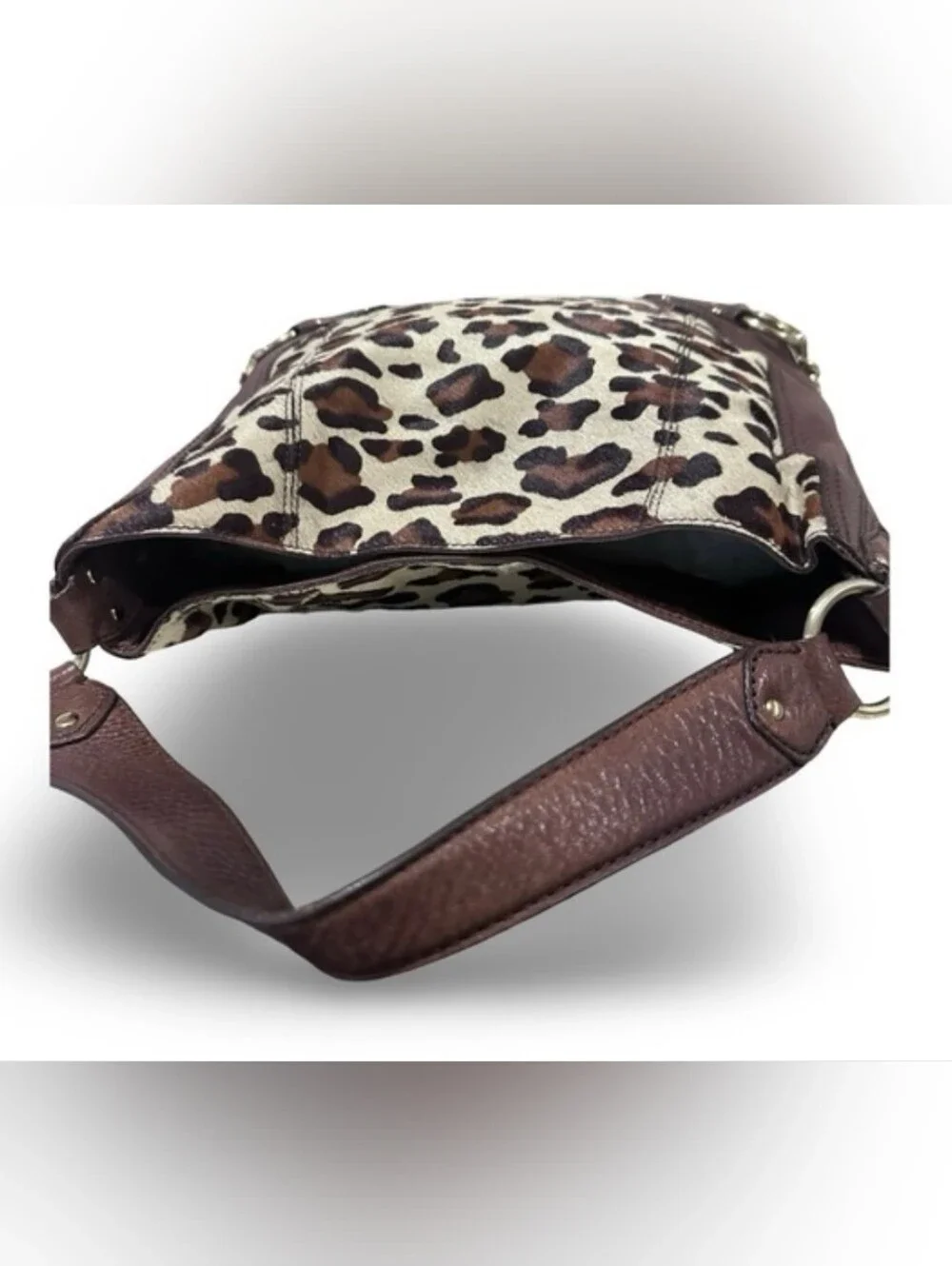 Michael Kors Leopard Print Calf Hair Hobo Bag Brown Leather Shoulder Purse - Picture 6 of 10
